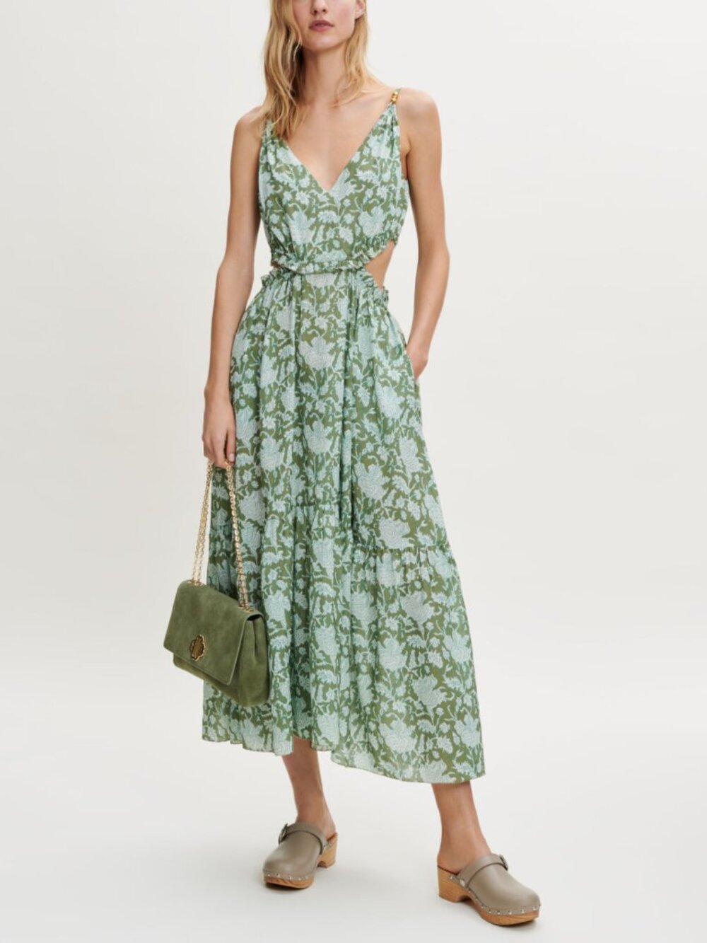 Maje Printed Cotton Cutout Midi Dress Green Floral Beaded Maxi FR 38 US 6 EUC
